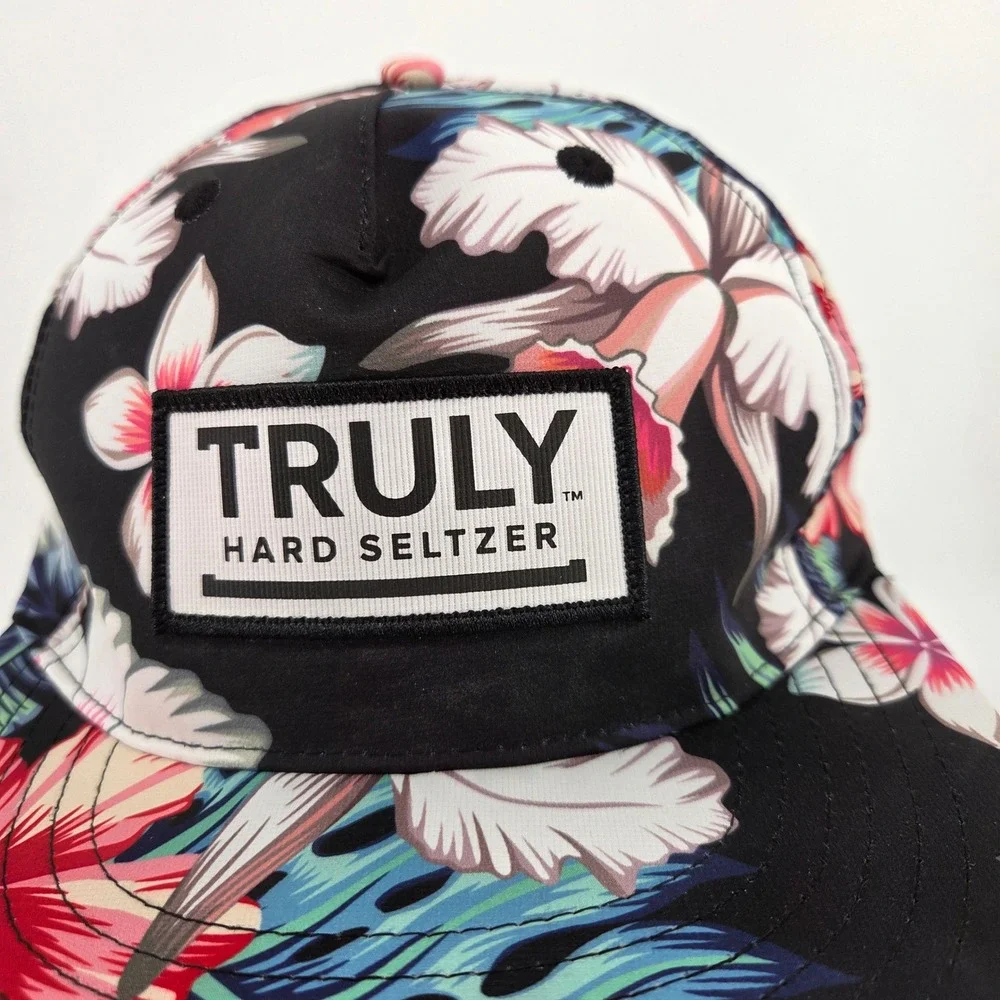 Truly Hard Seltzer Hat Black Tropical Floral Hibiscus Snapback Flat Brim Cap